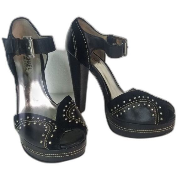 MICHAEL Michael Kors Peep Toe Black Platforms Heels Metal Detail Size 6.5 - Picture 2 of 9
